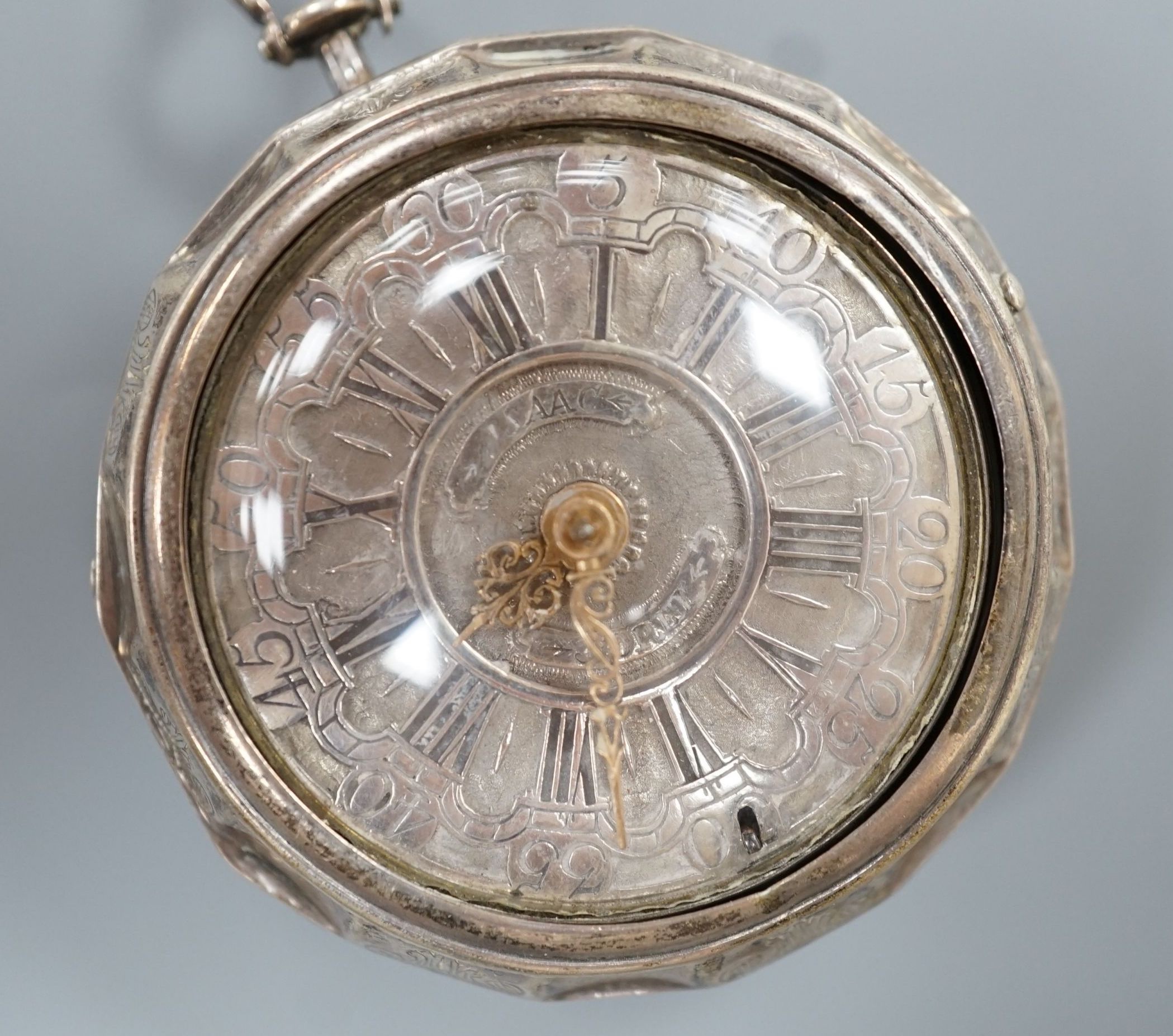 An 18th century white metal pair cased keywind verge pocket watch, by Isaac Soret, cased diameter 51mm